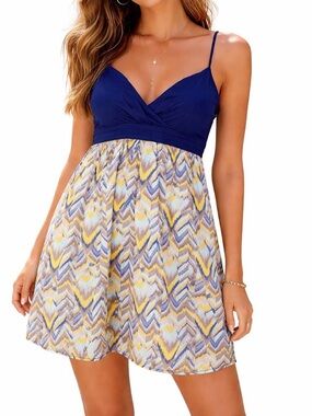 Vintage BCBG Sweetheart Mini Dress M Blue Chevron Spaghetti Straps SZ M